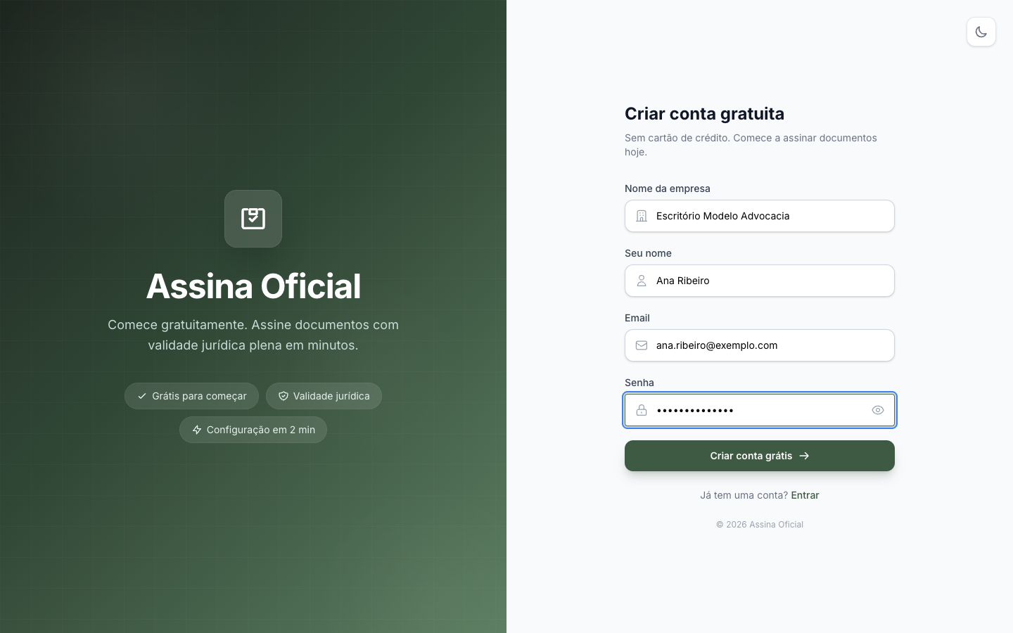 Tela de cadastro do Assina Oficial